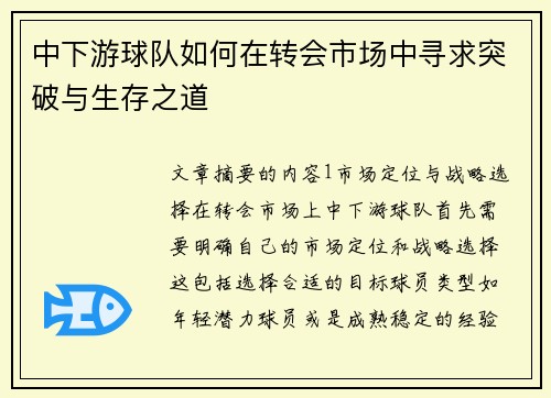 中下游球队如何在转会市场中寻求突破与生存之道