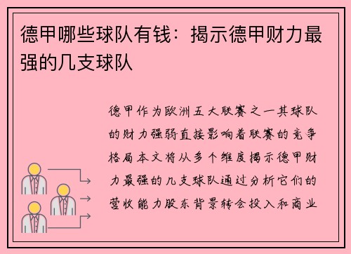 德甲哪些球队有钱：揭示德甲财力最强的几支球队