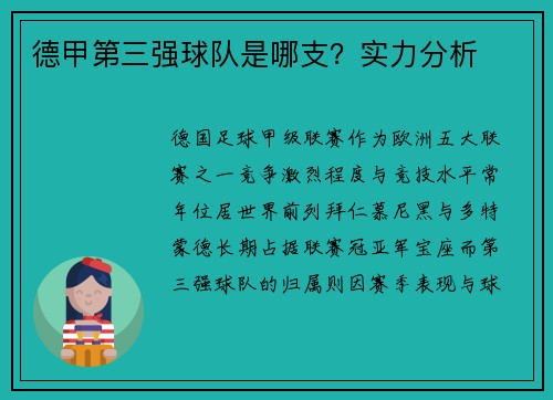 德甲第三强球队是哪支？实力分析